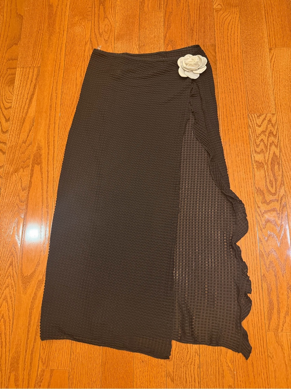 Black Textured Wrap Midi Skirt with Floral Accent coverup with bathing suit
